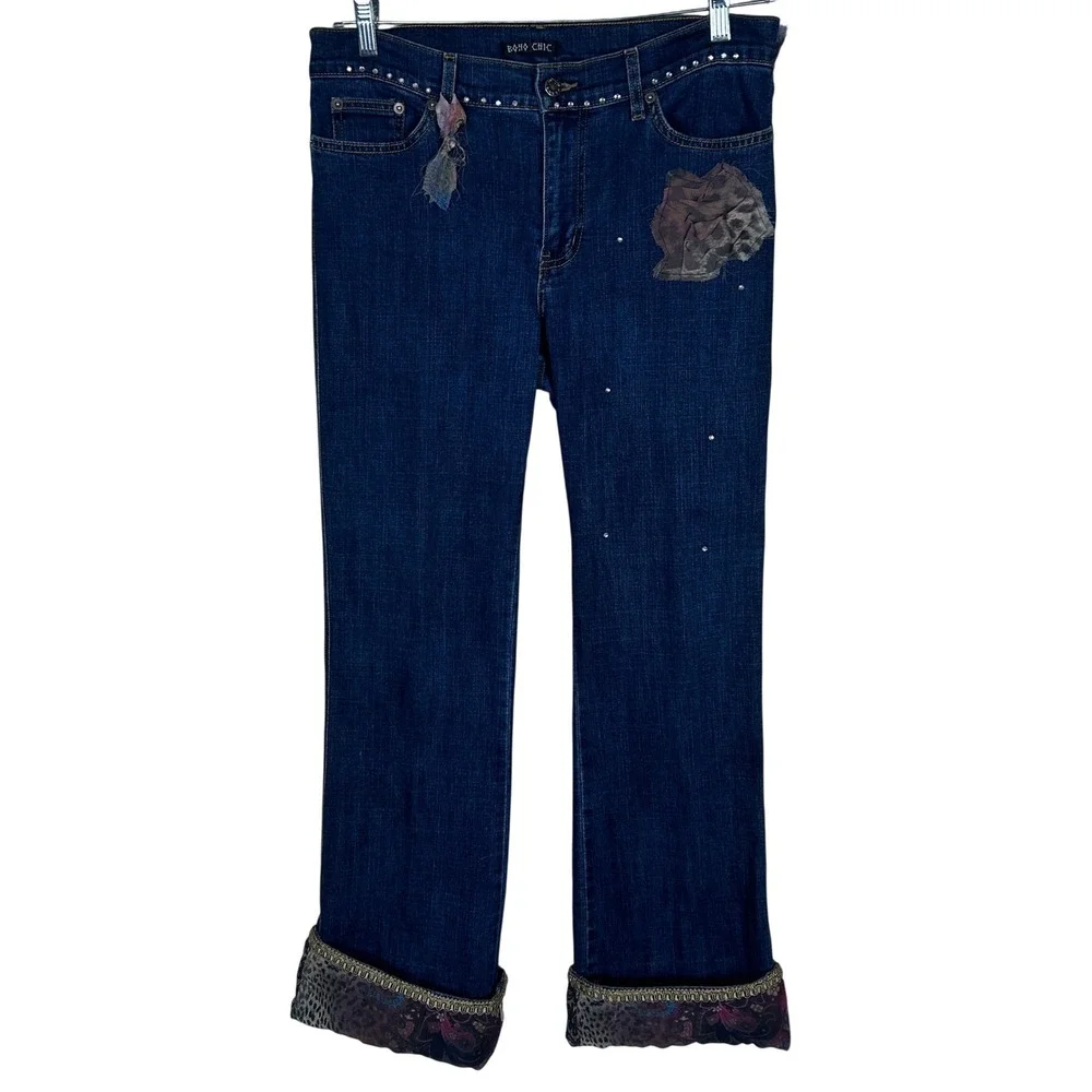 Boho Chic Embellished Denim Jeans Blue Floral Rhinestone Tassel Cuff Women's - Picture 14 of 16
